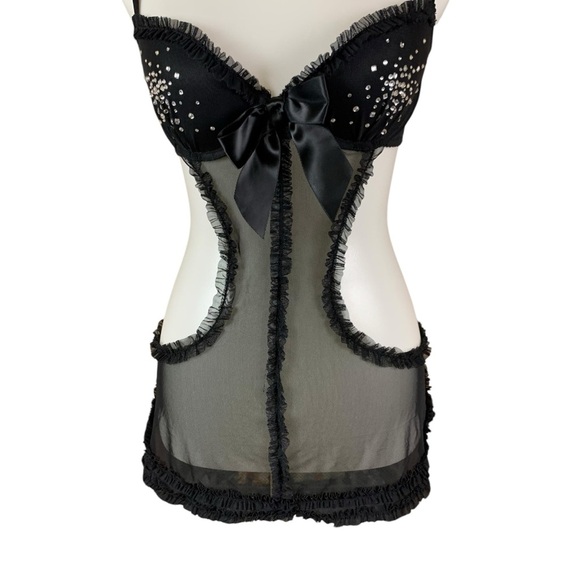 Victoria Secret Black Sheer Babydoll Lingerie Rhinestone Bow Detail 34B - Picture 3 of 6